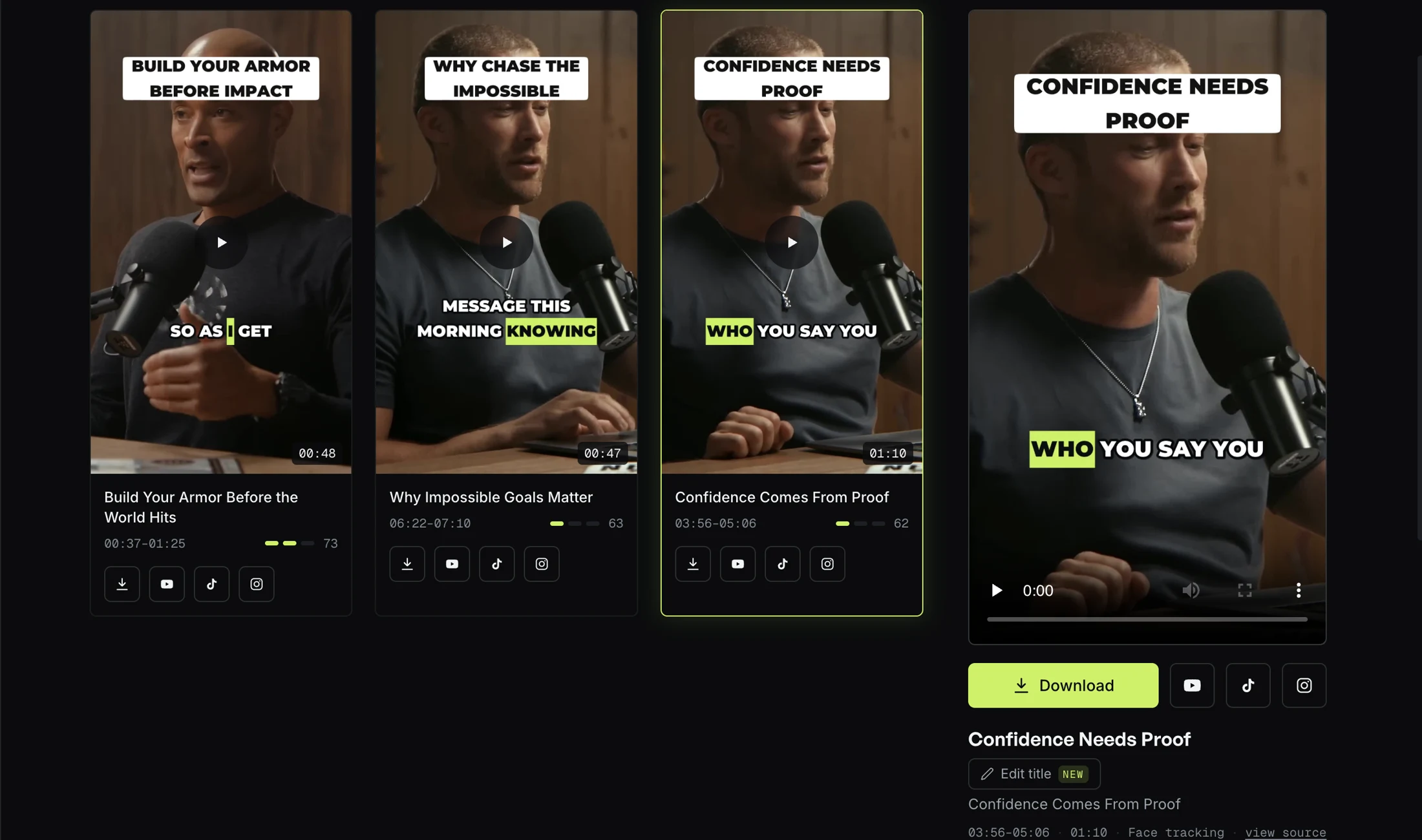 The ClipFlap interface: generated clips with scores, durations, player and transcript